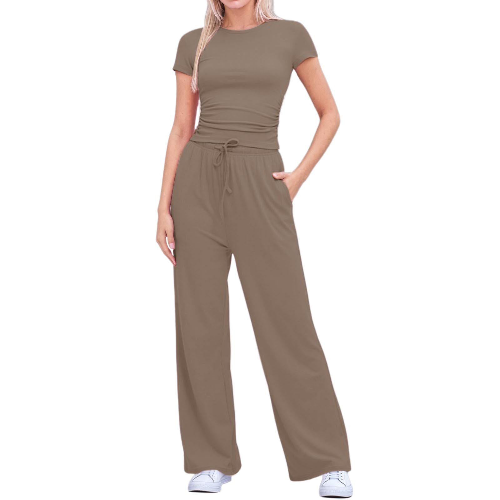 thumbnail image 1 of Conjunto de 2 piezas para mujer: top corto fruncido y pantalones anchos. Ligero y elástico. Ideal para viajes, vacaciones y ropa deportiva., 1 of 5